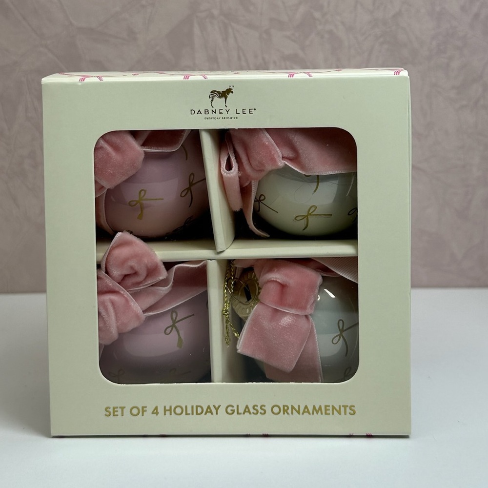 Dabney Lee Pink and Cream Coquette Bows Glass Ornaments Set